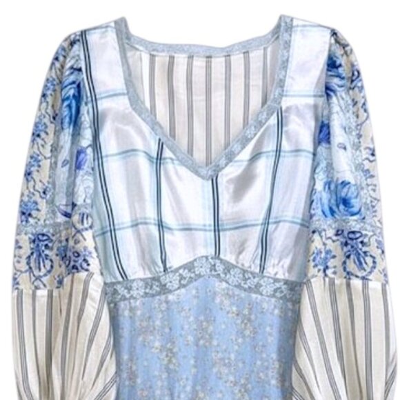 NWT LoveShackFancy Silk Blue Mixed Print Patchwork Lace Tiered Mini Dress 10 - Picture 5 of 10